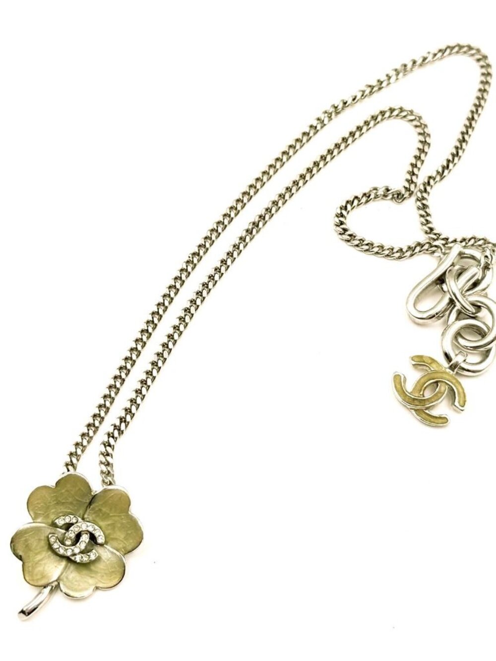 Chanel Vintage Silver CC Mint Clover Pendant Necklace